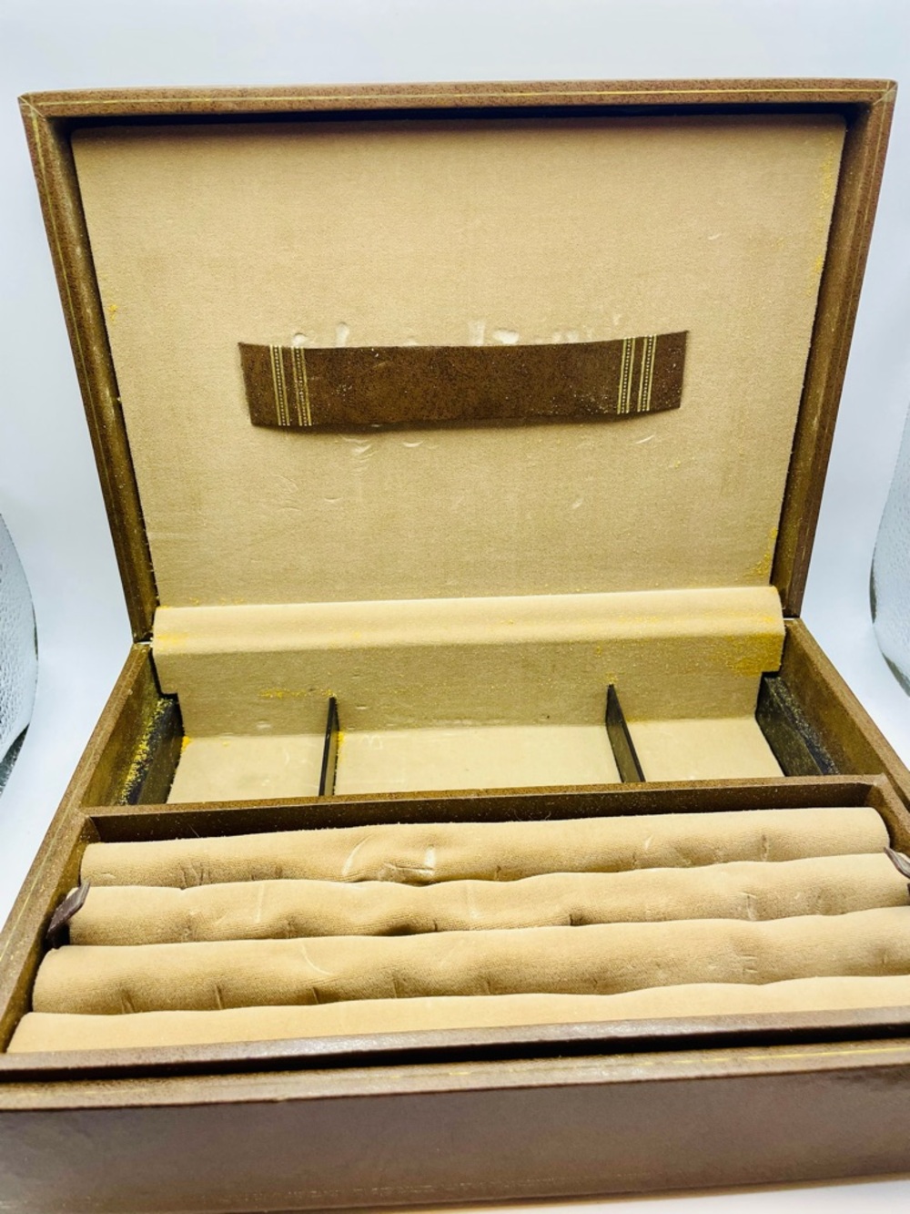 SWANK Men’s Wood Valet Jewelry Box with Coat of Arms Emblem Brown and Tan